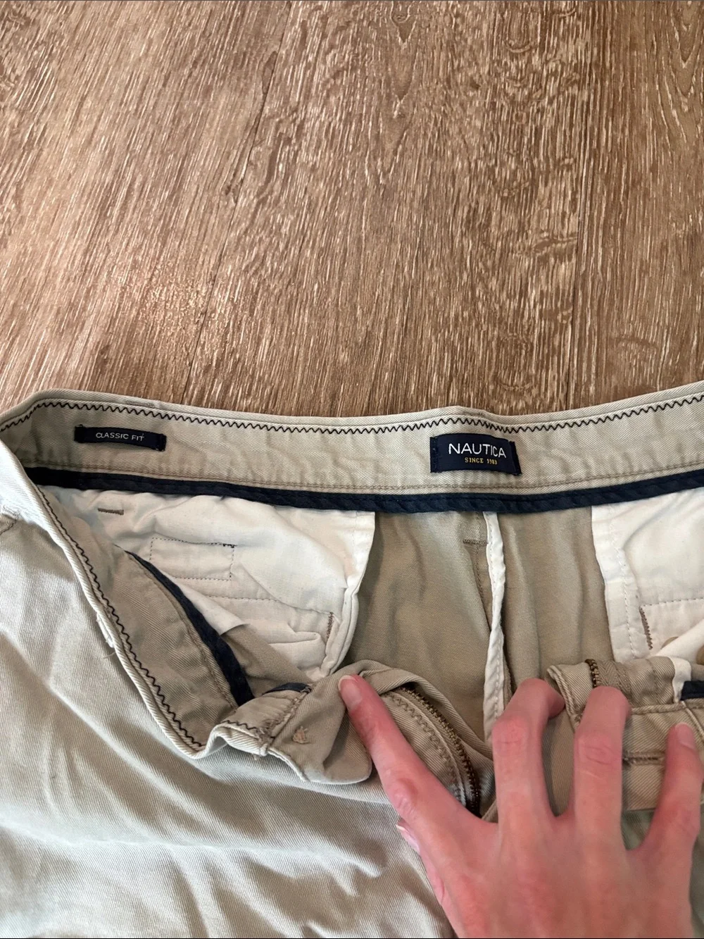 Nautica Beige and Navy Flat-Front Cotton Shorts
